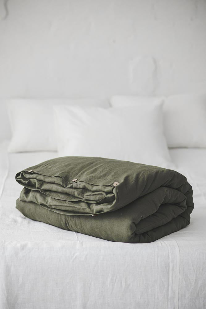 Forest green linen duvet cover with buttons