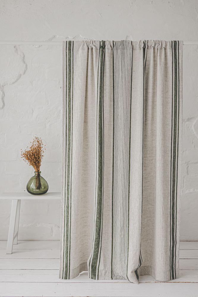 French style linen curtain with green stripes