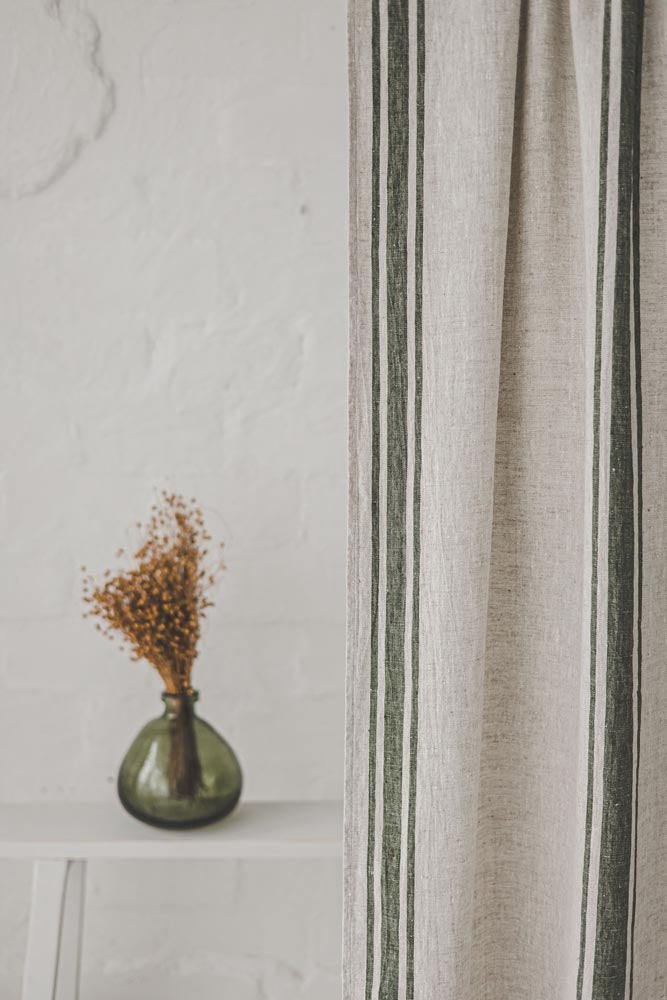 French style linen curtain with green stripes