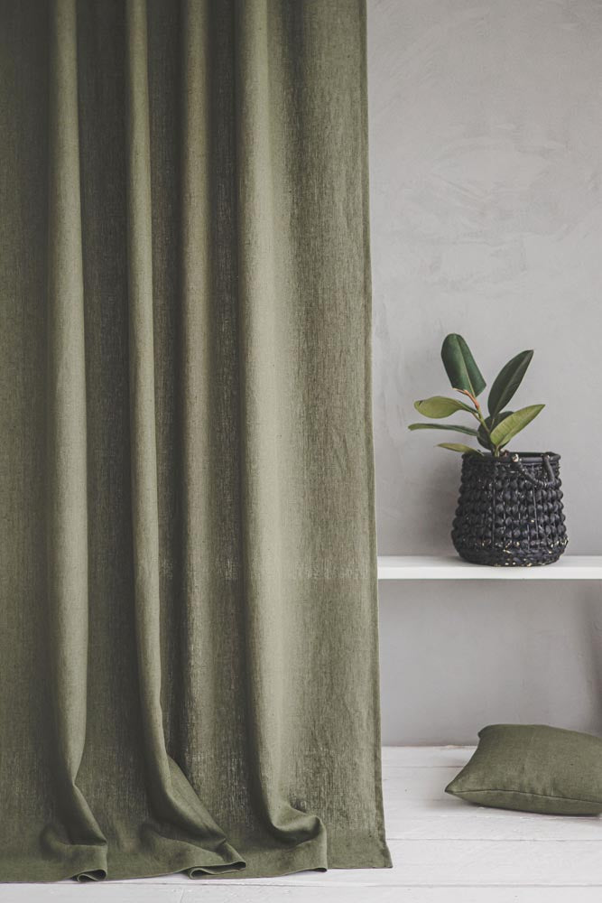 Heavyweight forest green linen curtain