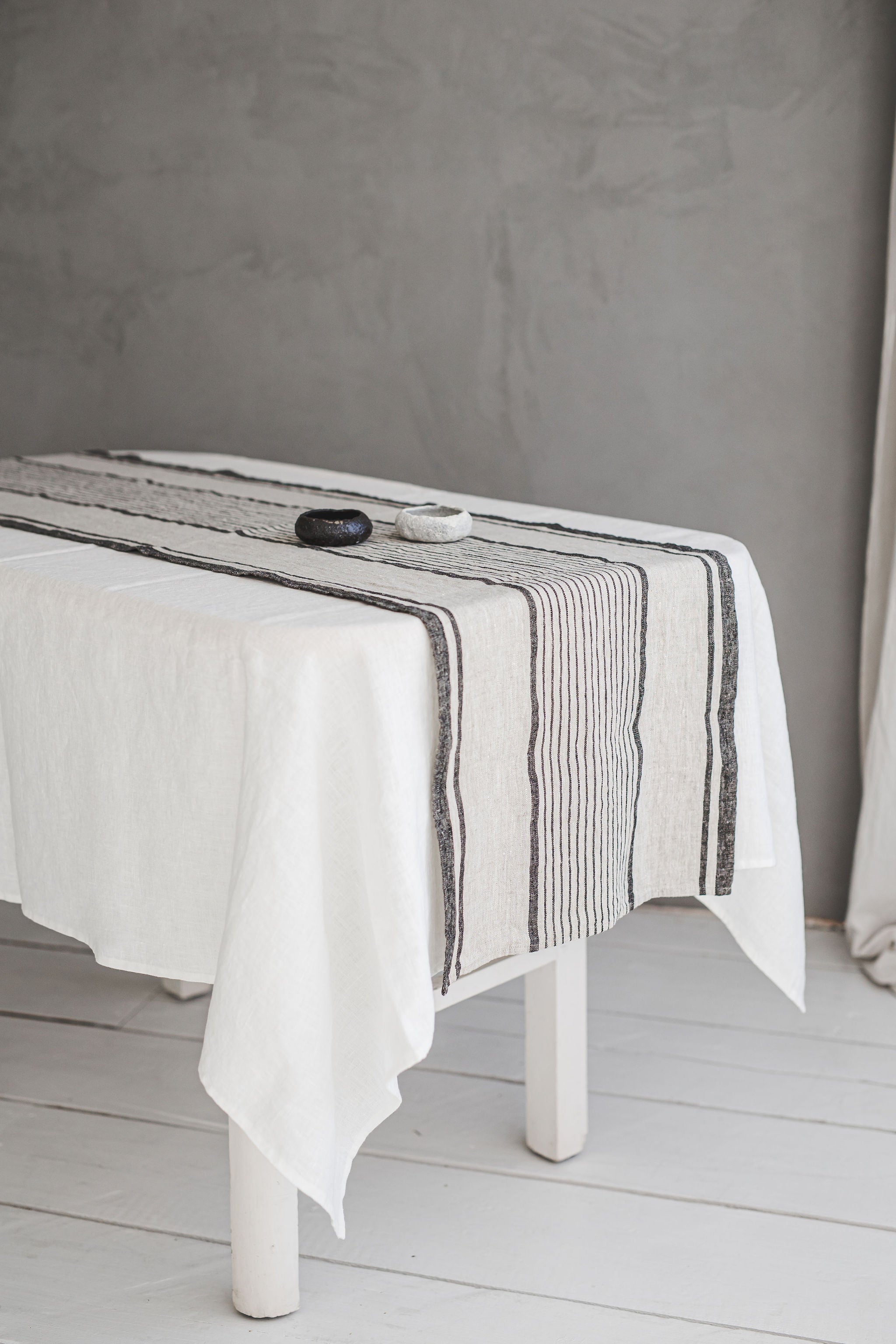 French style linen table runner with black stripes