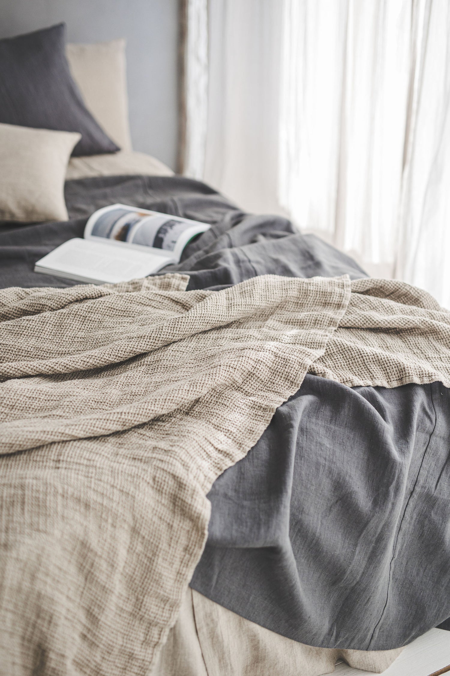 Natural heavyweight waffle linen throw blanket