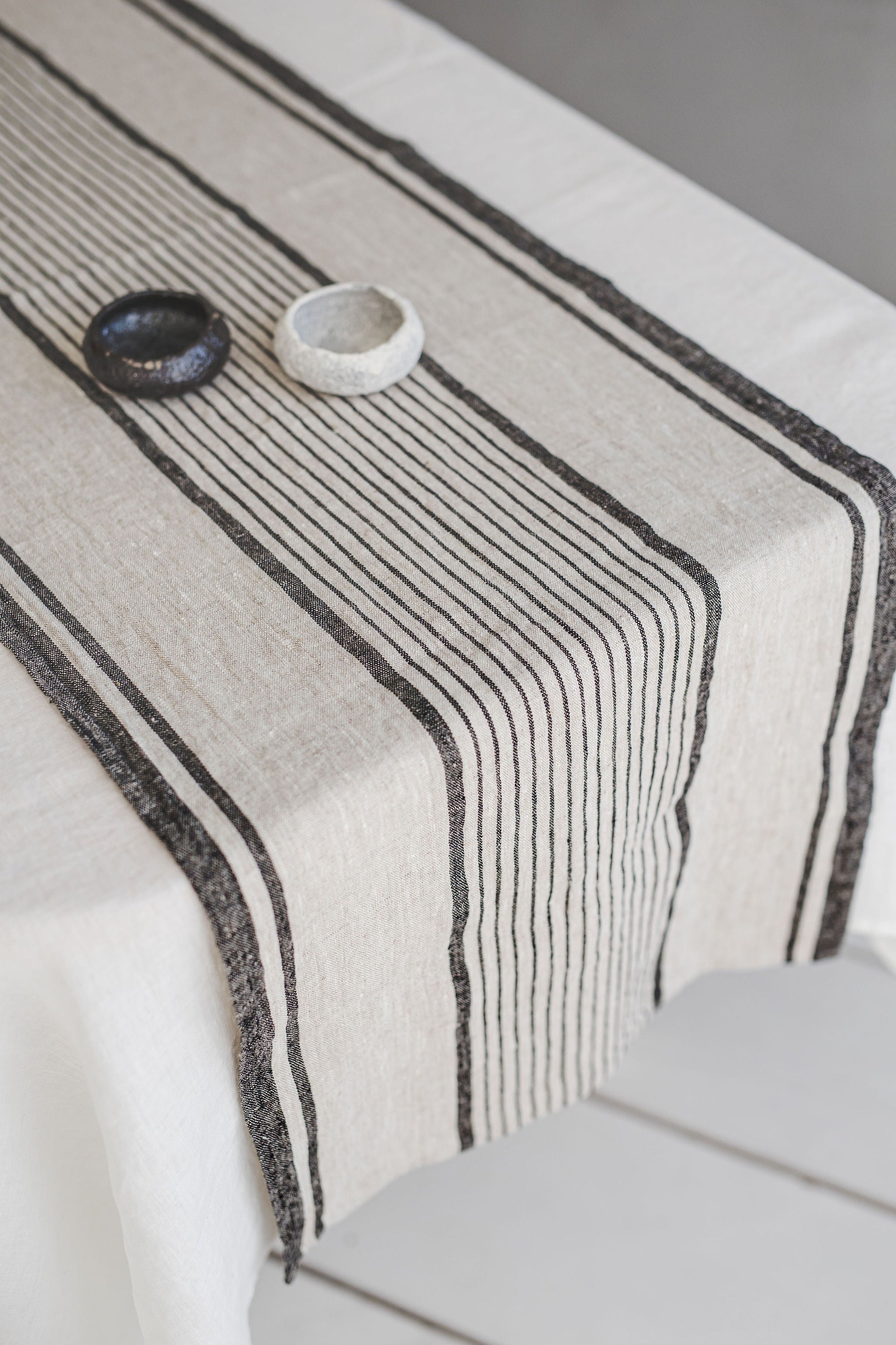 French style linen table runner with black stripes