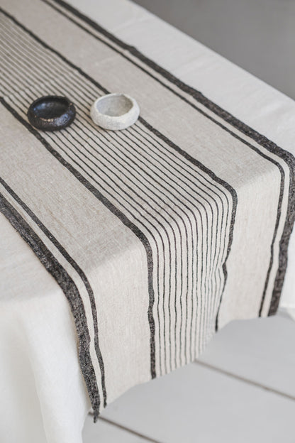 French style linen table runner with black stripes