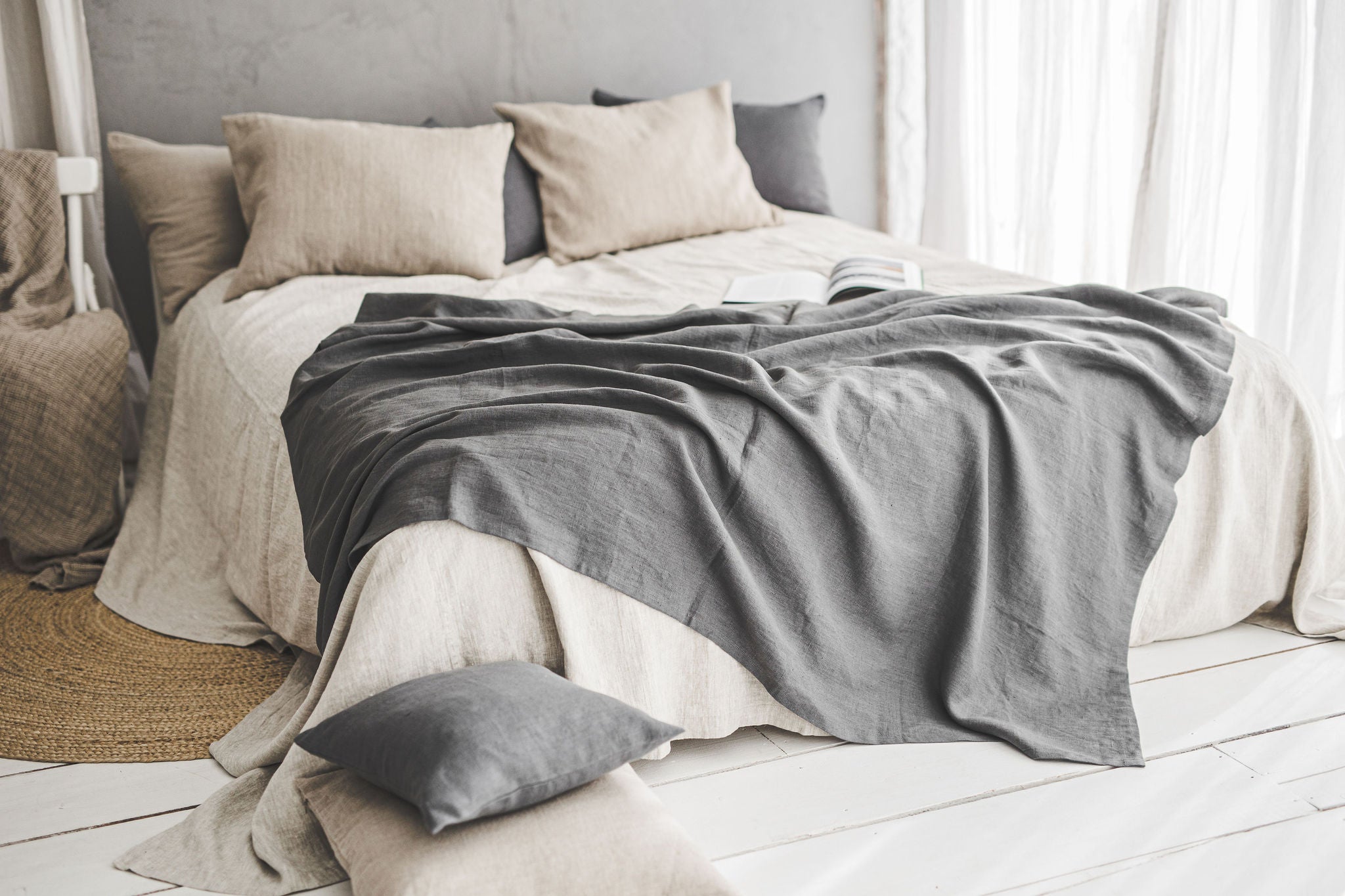 Charcoal gray linen throw blanket