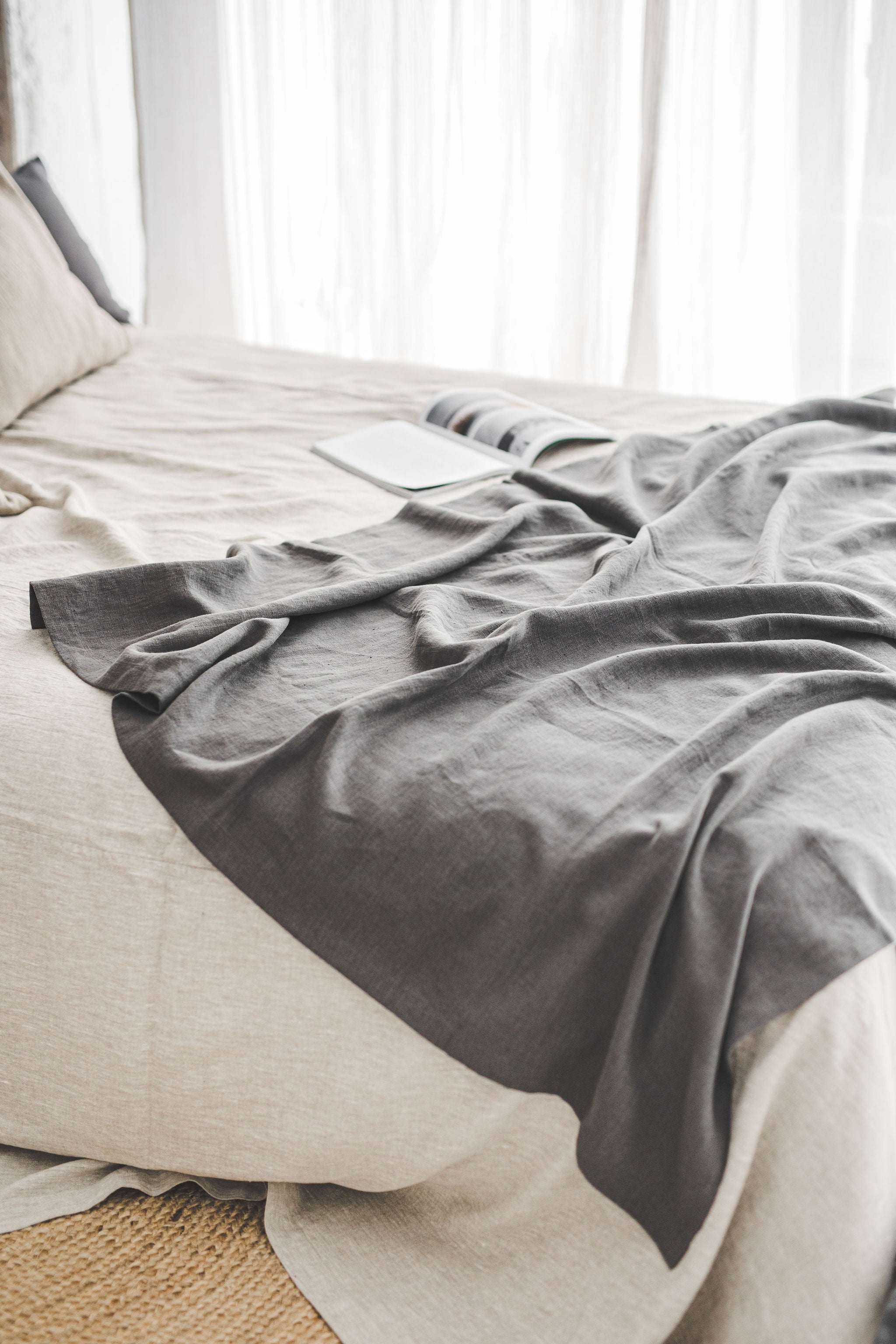 Charcoal gray linen throw blanket
