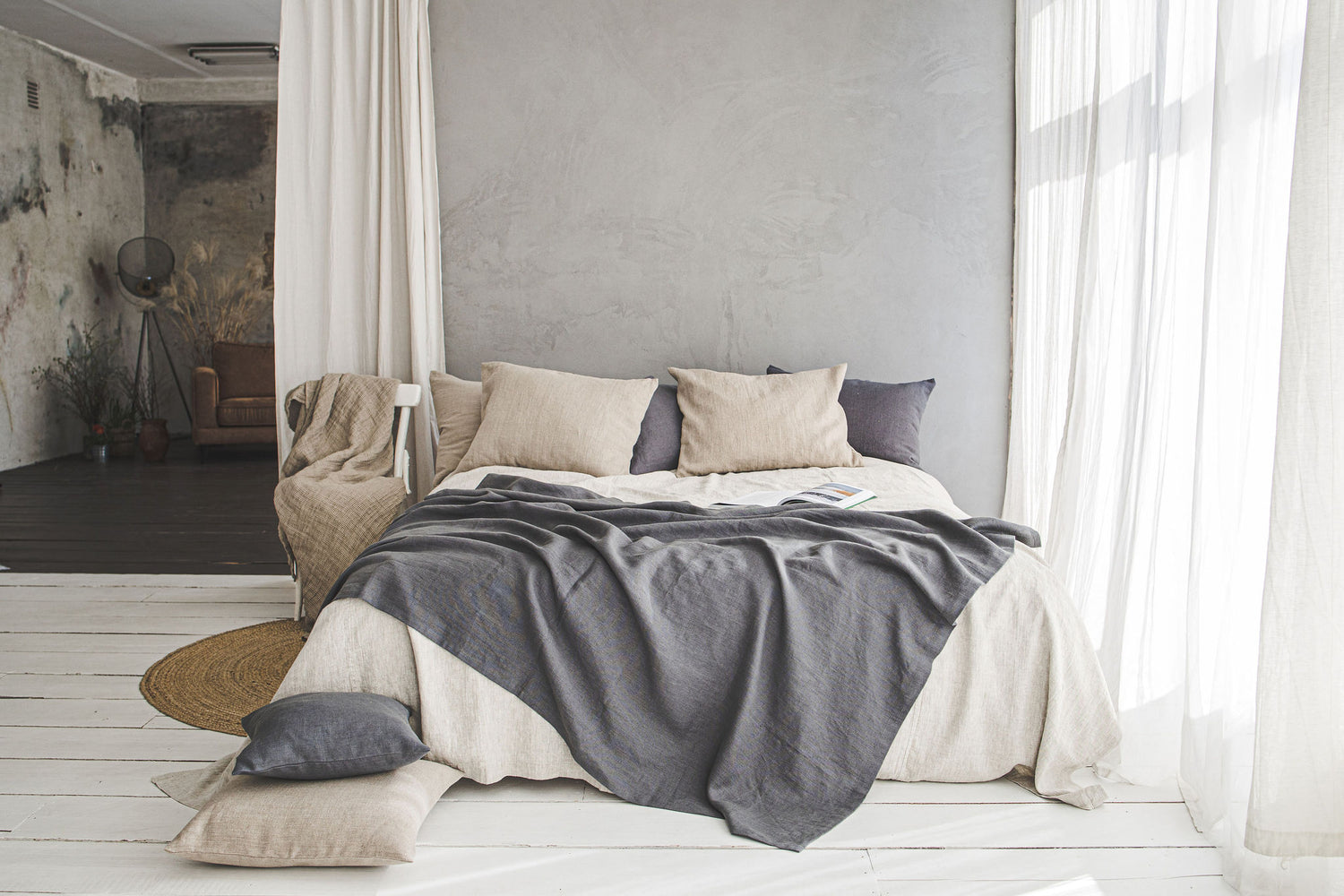 Charcoal gray linen throw blanket