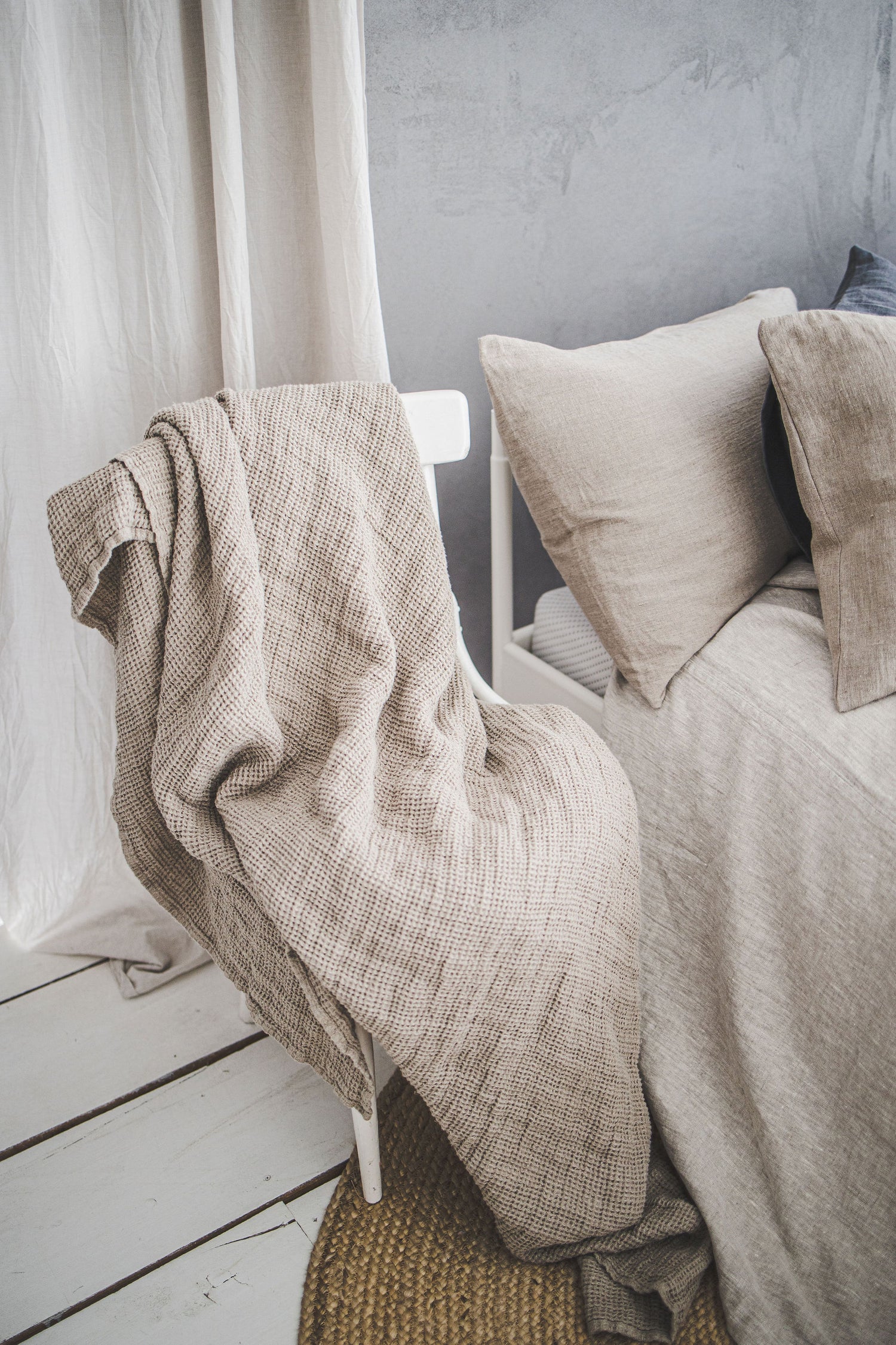 Natural heavyweight waffle linen throw blanket