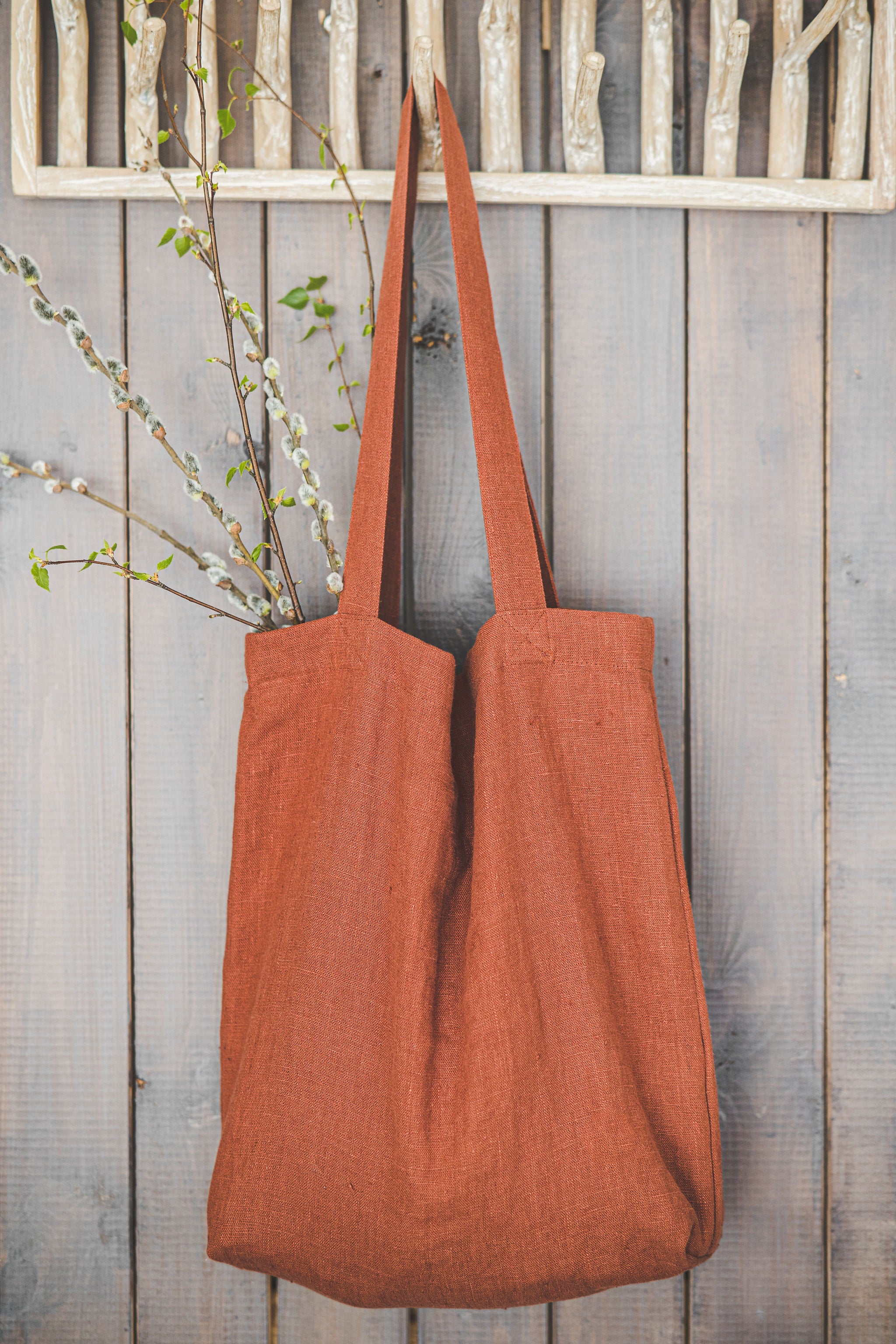 Burnt orange linen tote bag