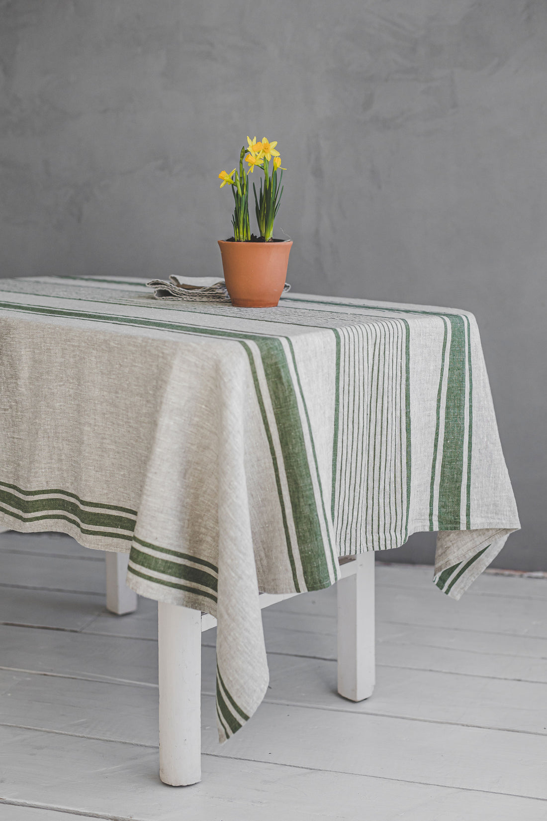 French style linen tablecloth with green stripes