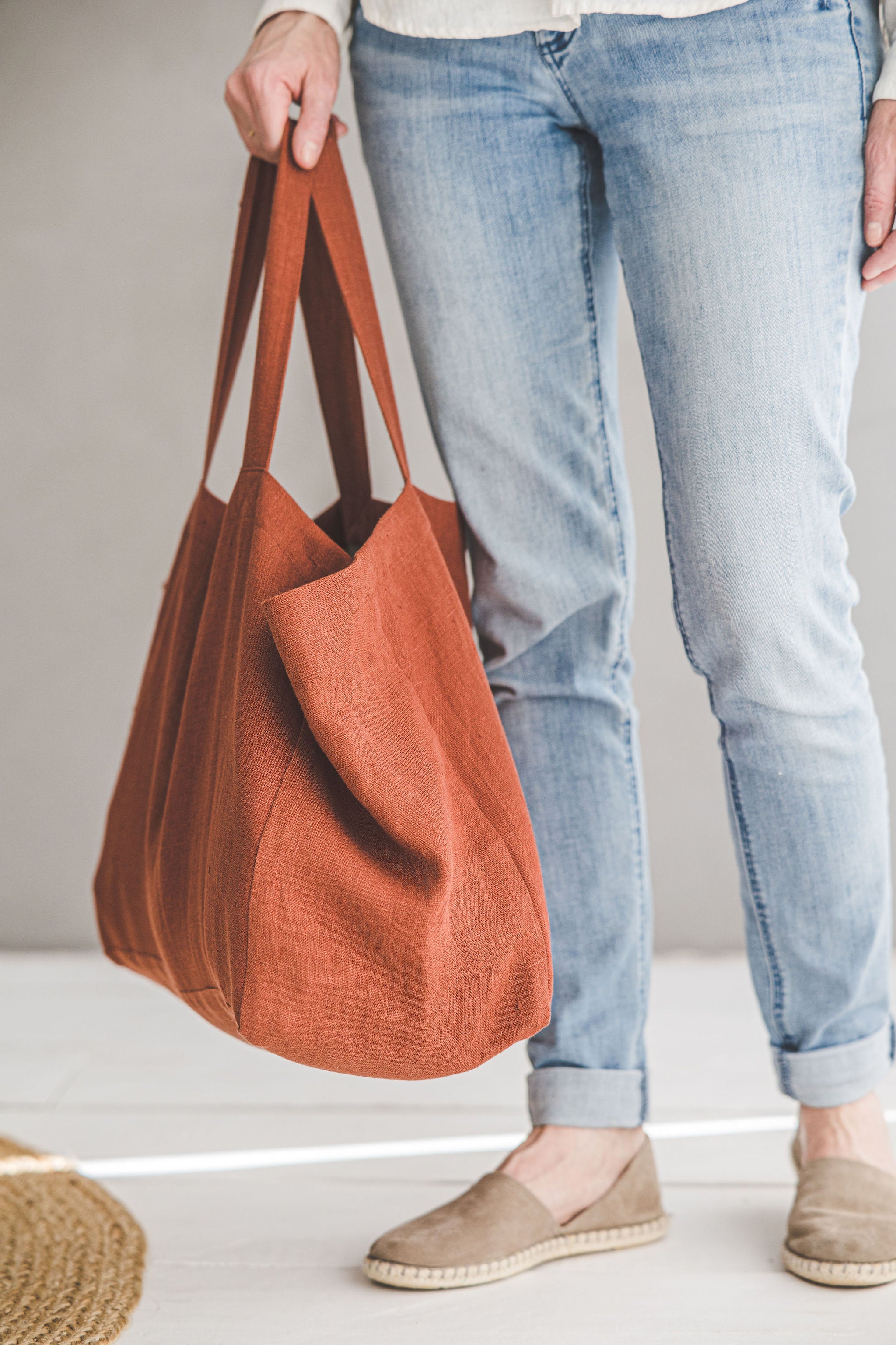 Burnt orange linen beach bag