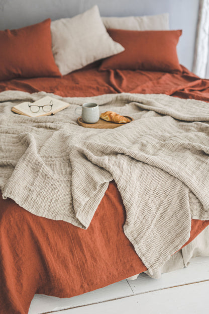 Natural heavyweight waffle linen throw blanket