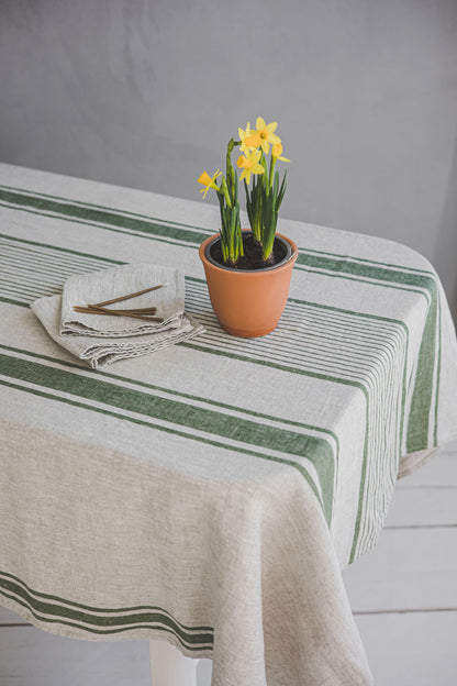 French style linen tablecloth with green stripes