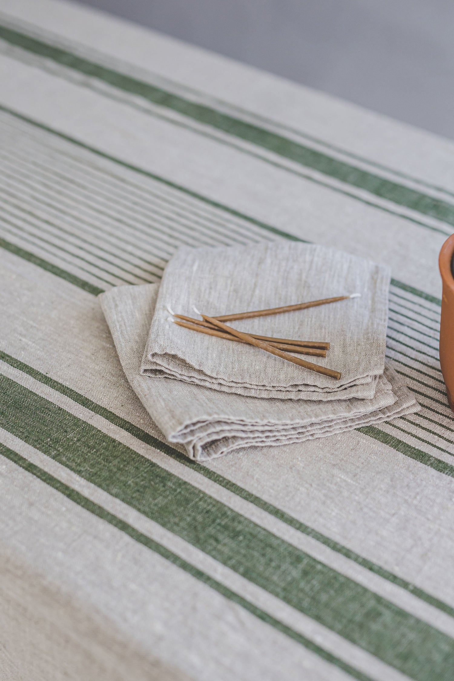 French style linen tablecloth with green stripes