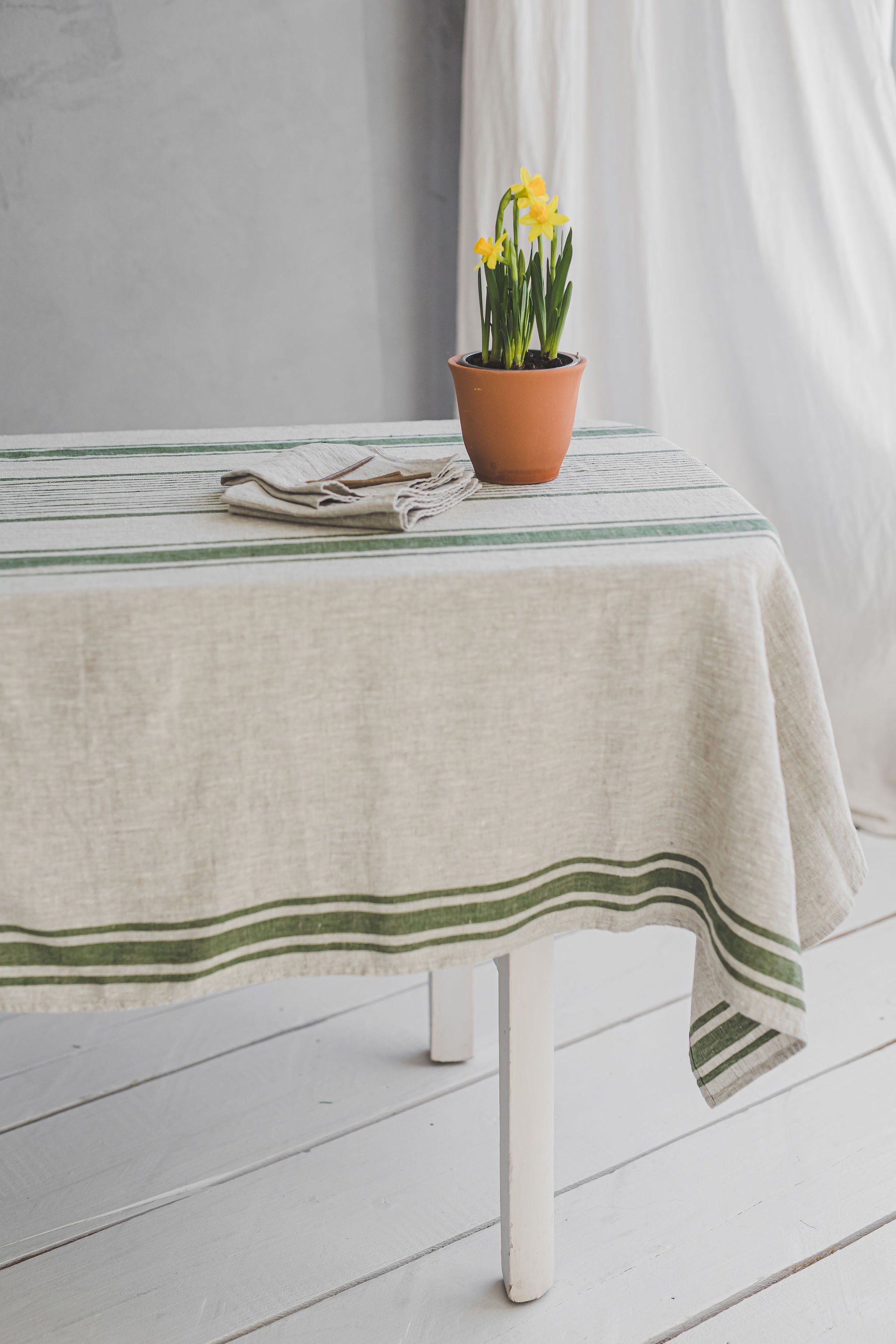 French style linen tablecloth with green stripes