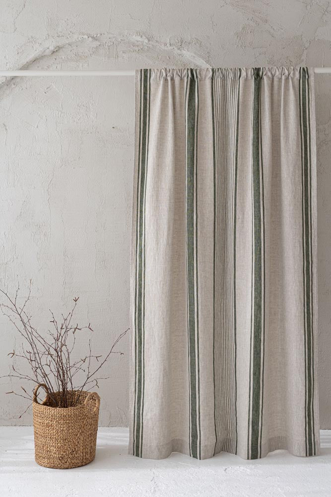 French style linen curtain with green stripes