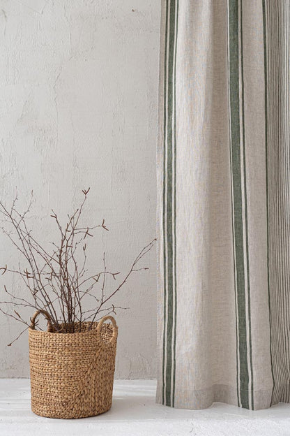 French style linen curtain with green stripes