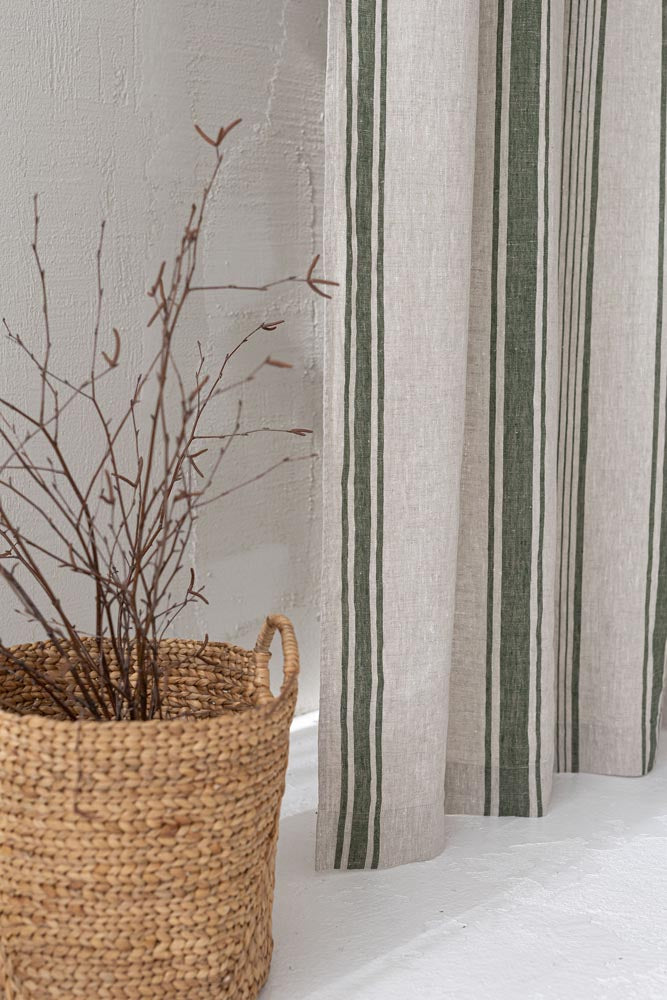 French style linen curtain with green stripes