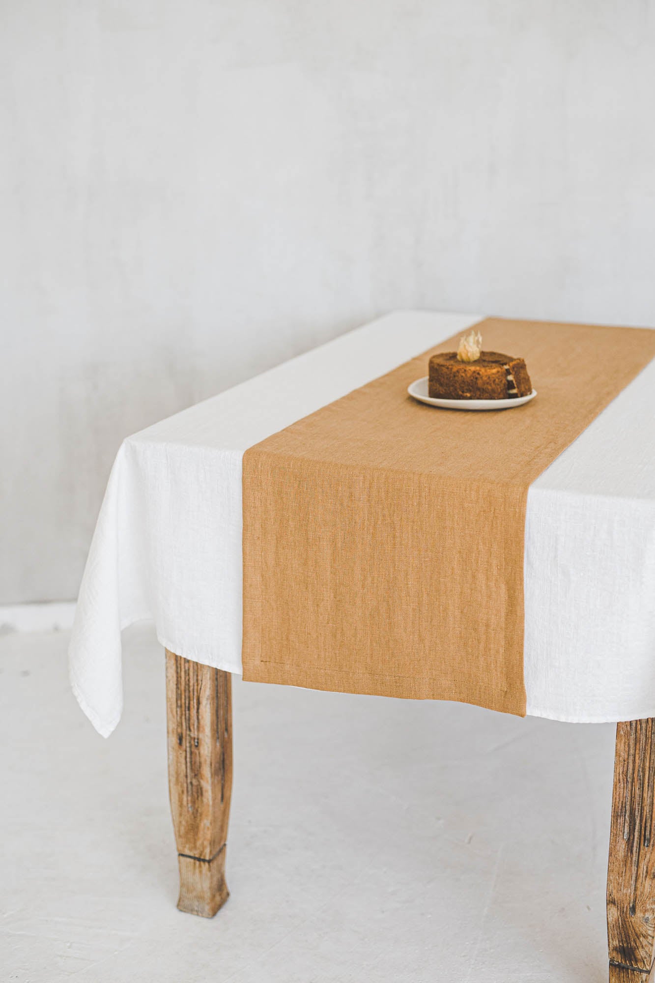 Camel linen table runner with mitered corners