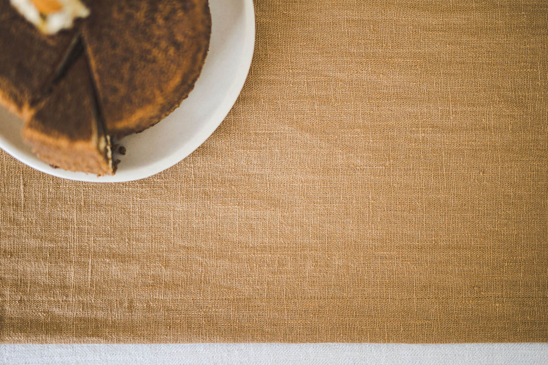 Camel linen table runner with mitered corners