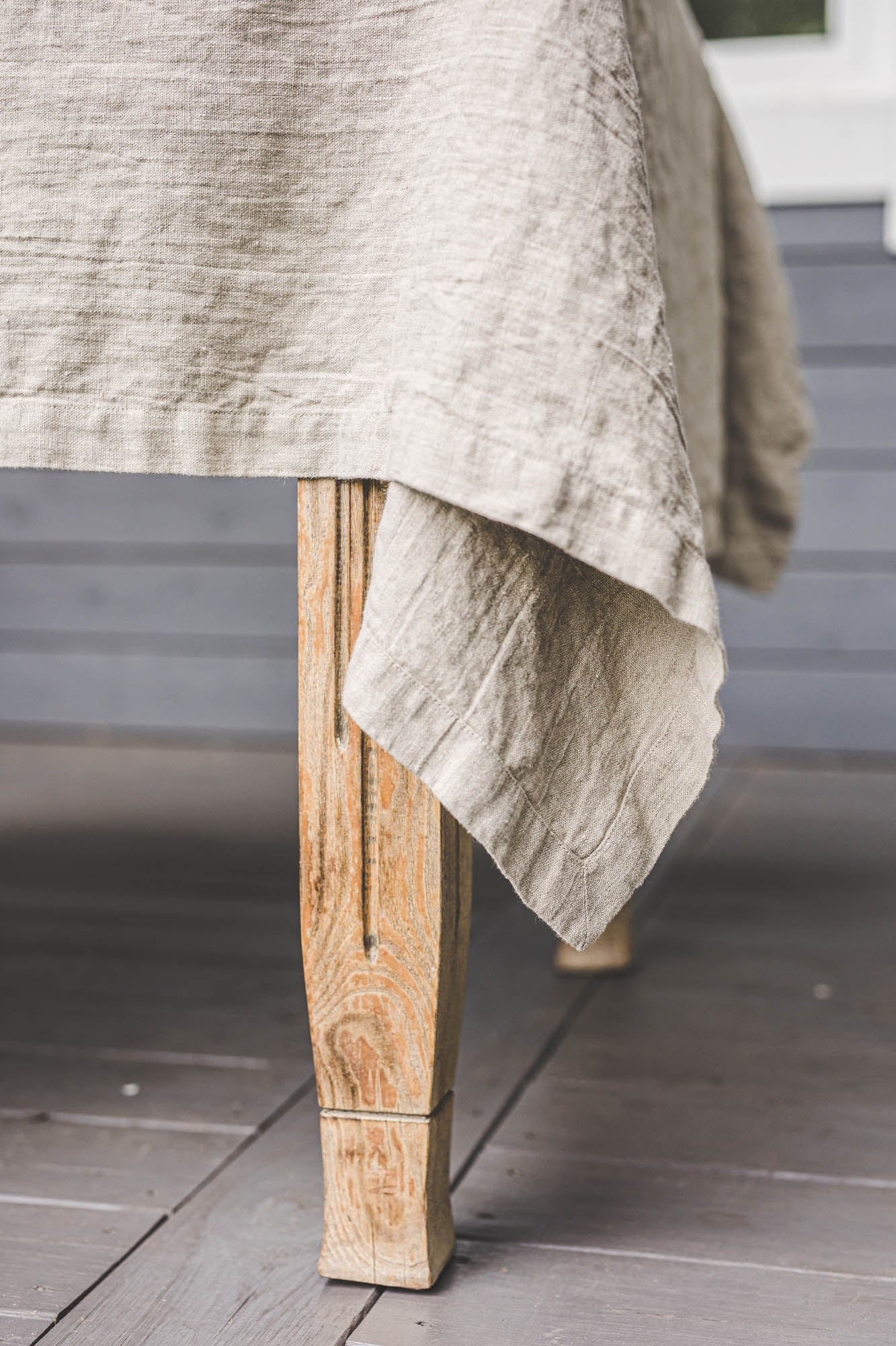 Natural linen tablecloth with mitered corners