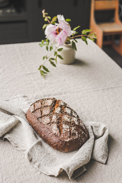 Natural linen tablecloth with mitered corners