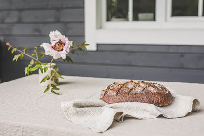 Natural linen tablecloth with mitered corners