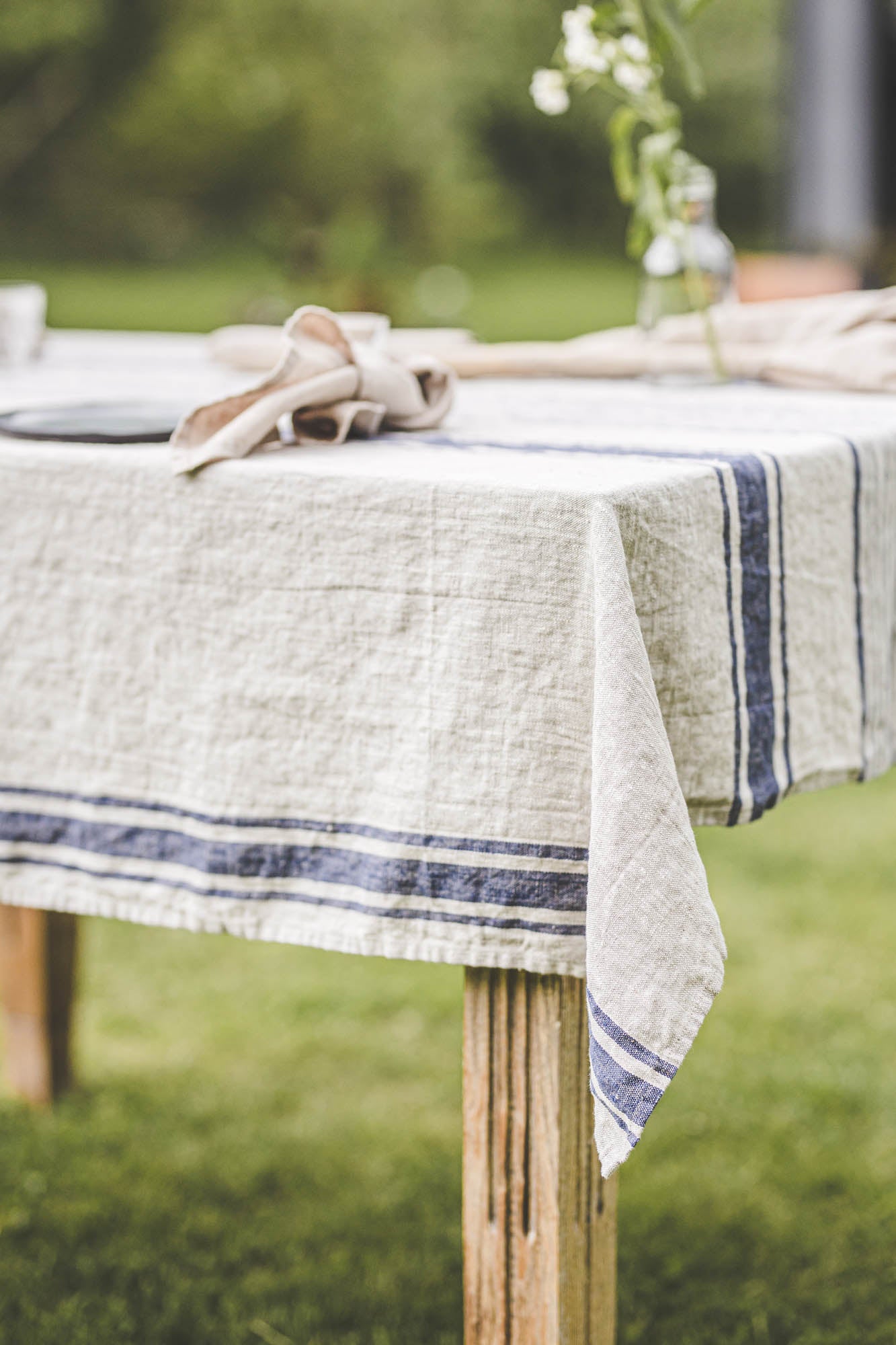 Linen tablecloth with blue stripes
