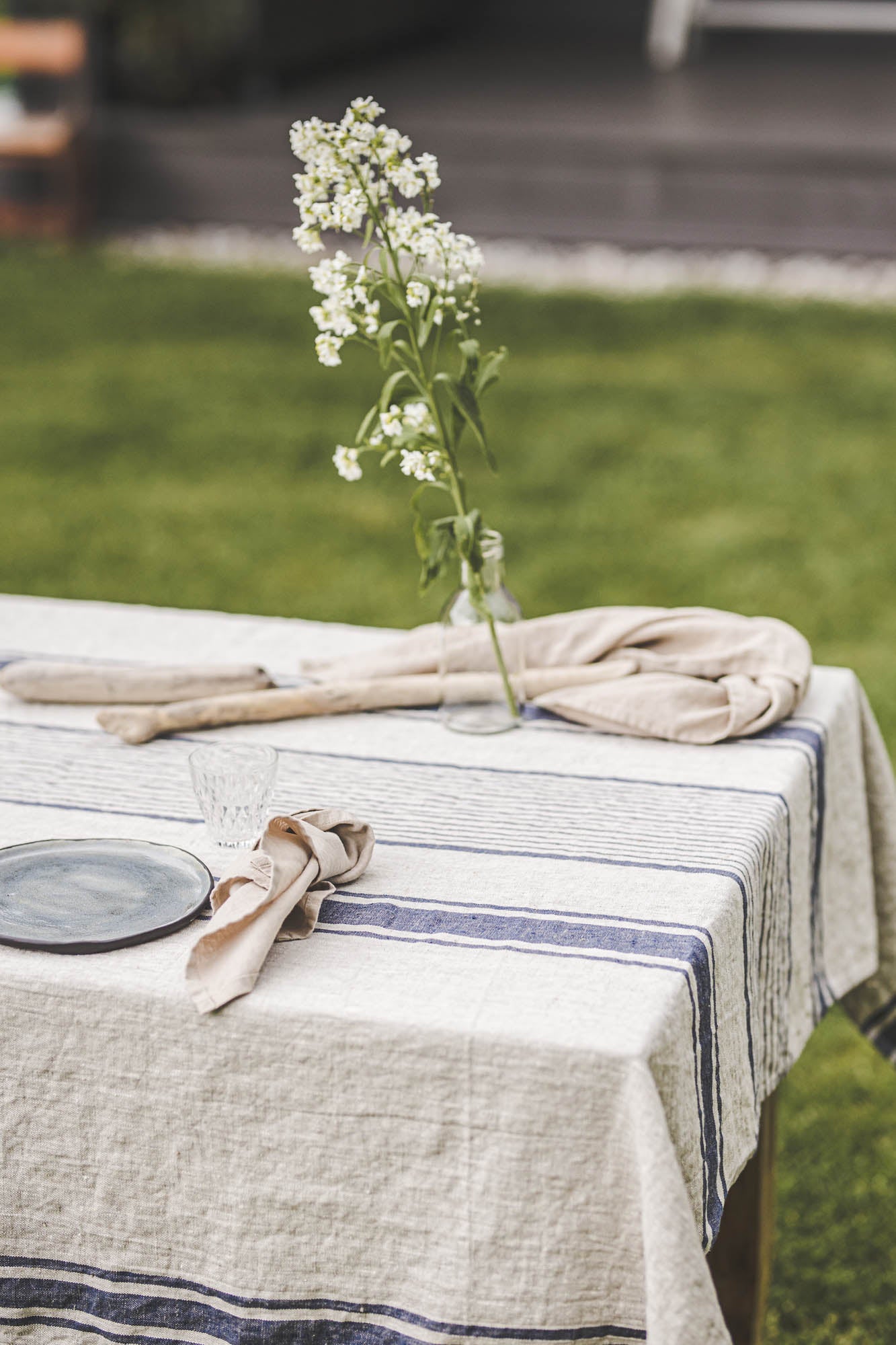 French style linen tablecloth with blue stripes