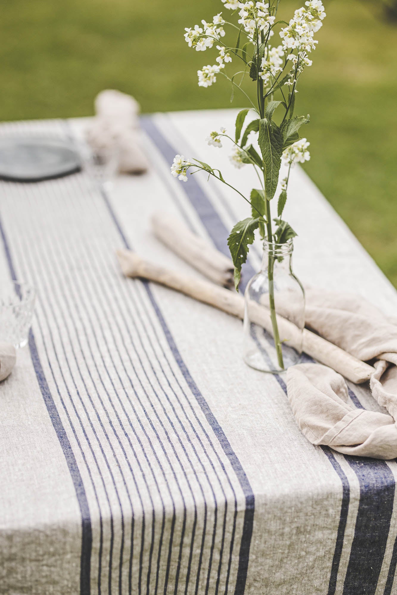 French style linen tablecloth with blue stripes