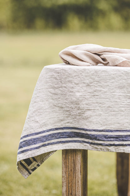 French style linen tablecloth with blue stripes