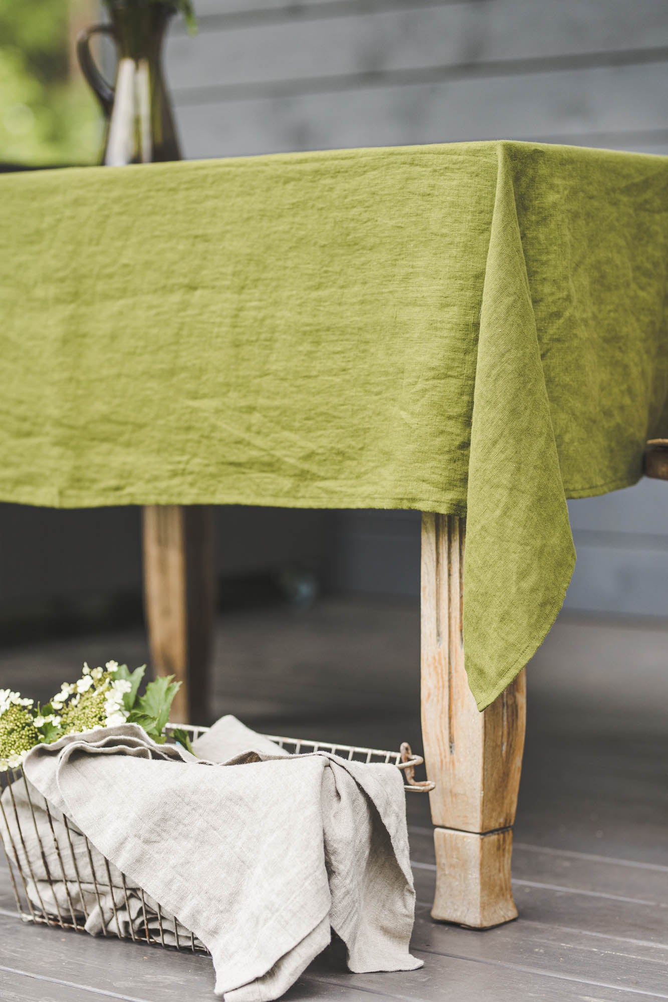 Moss green linen tablecloth