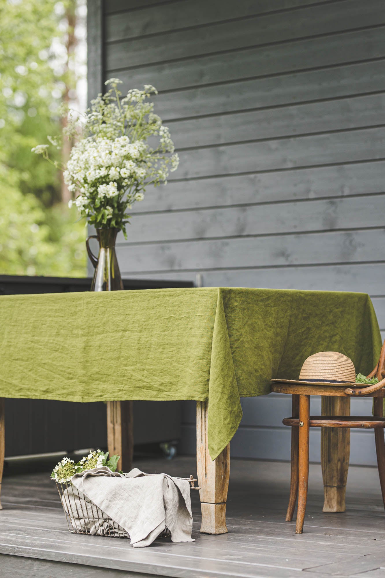 Moss green linen tablecloth