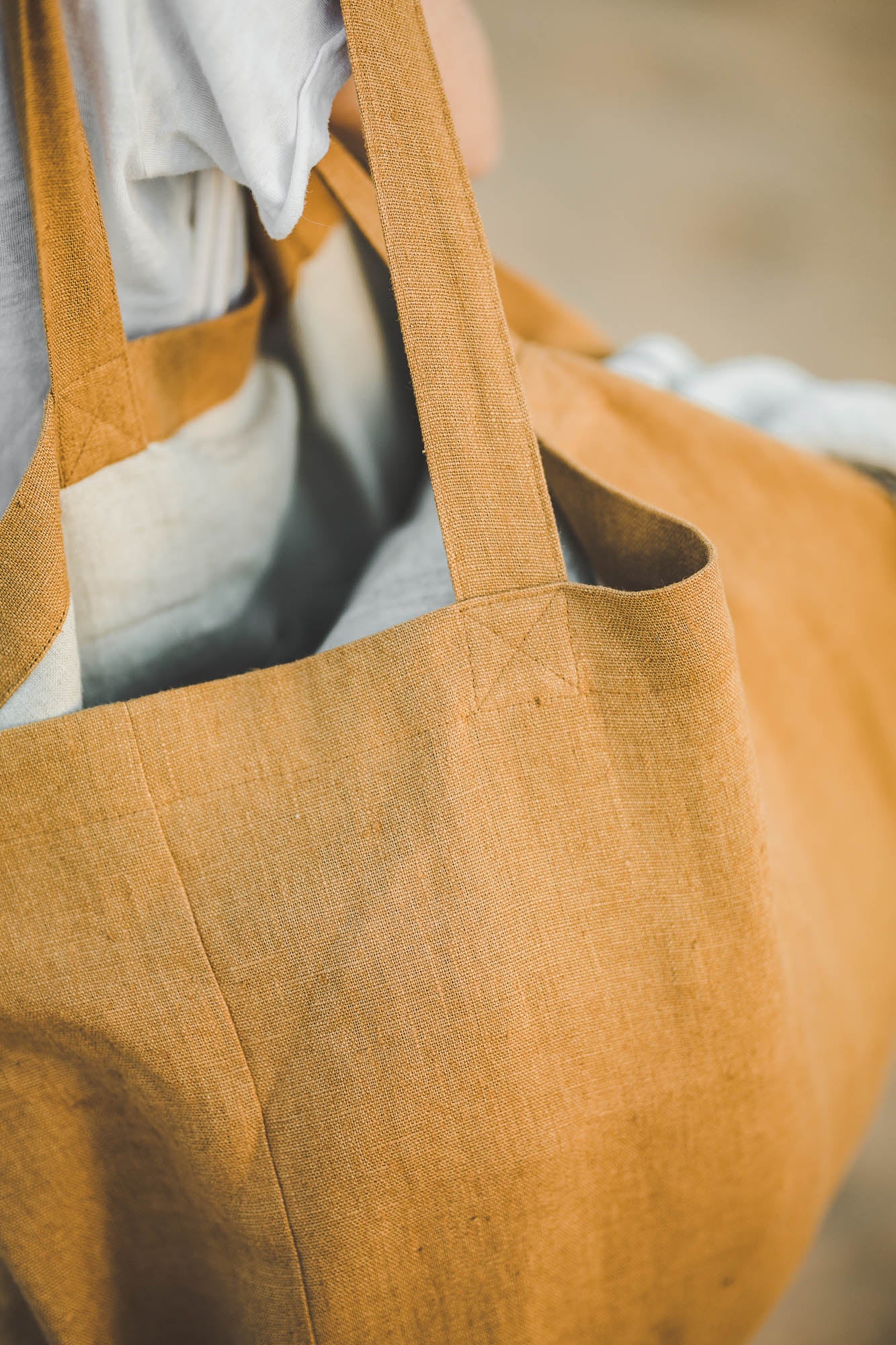 Camel linen beach bag