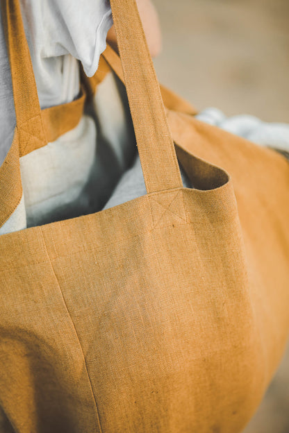 Camel linen beach bag