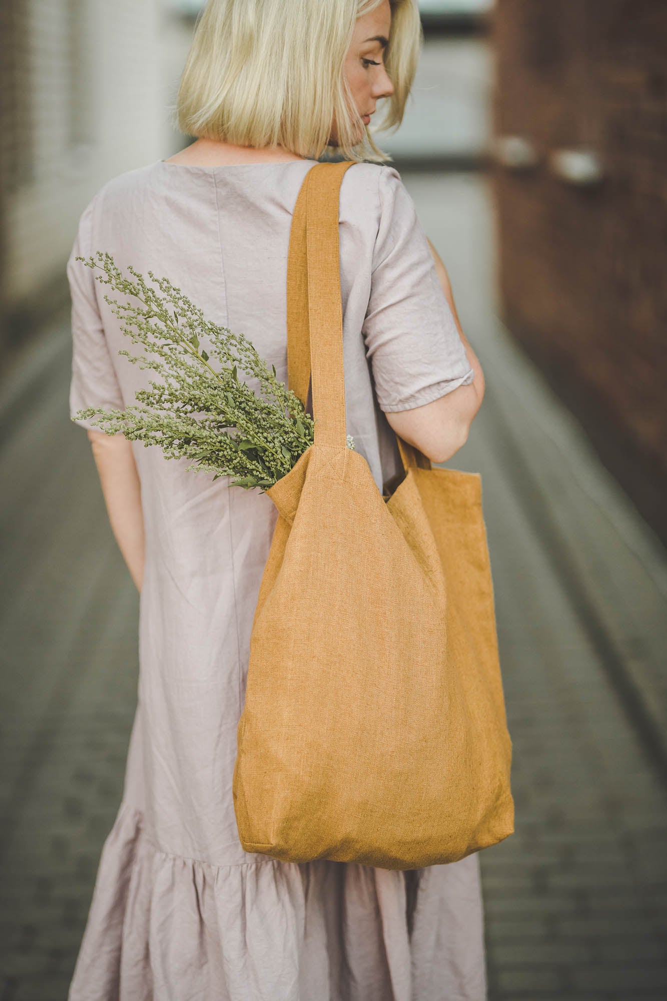 Camel linen tote bag