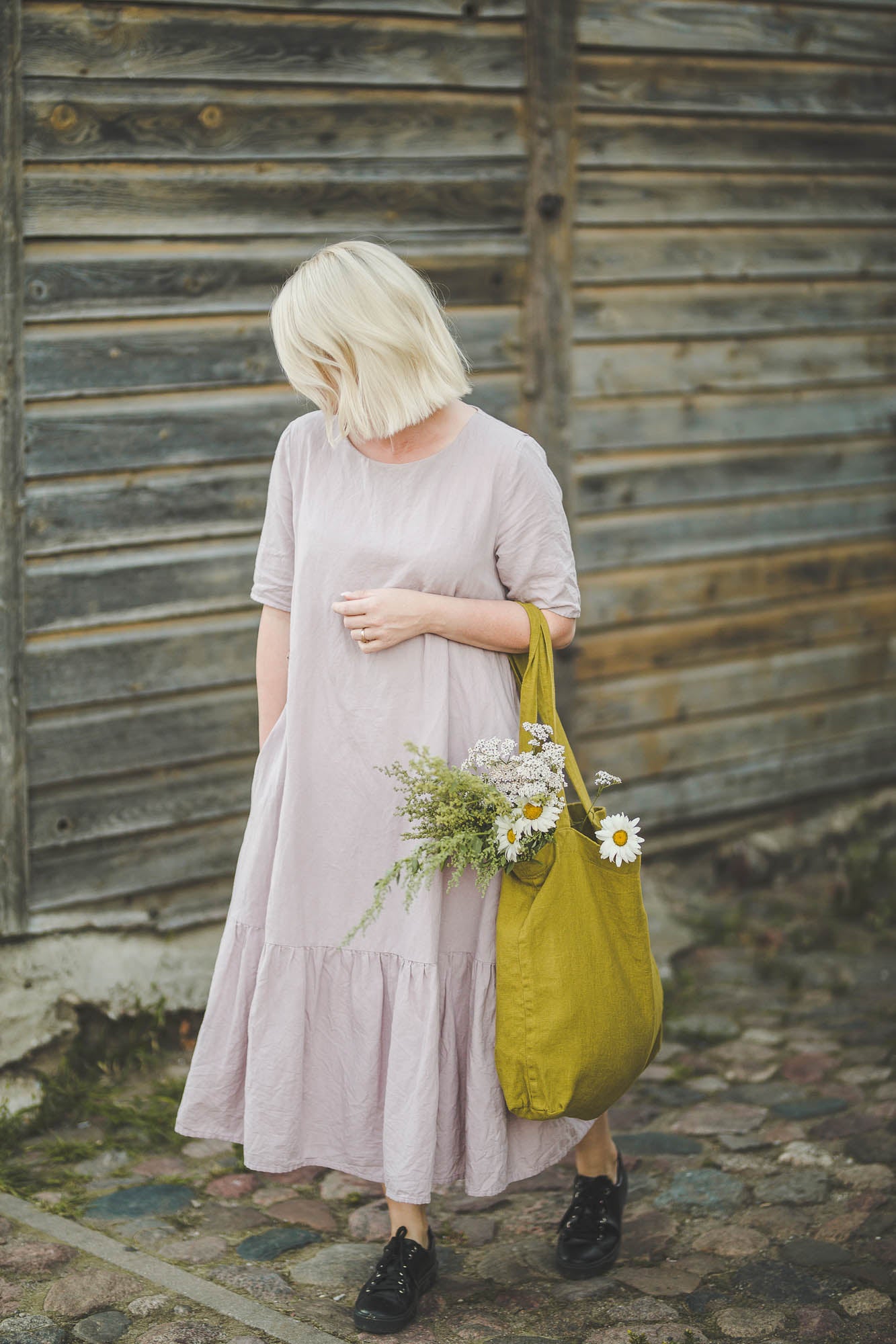 Olive green linen tote bag