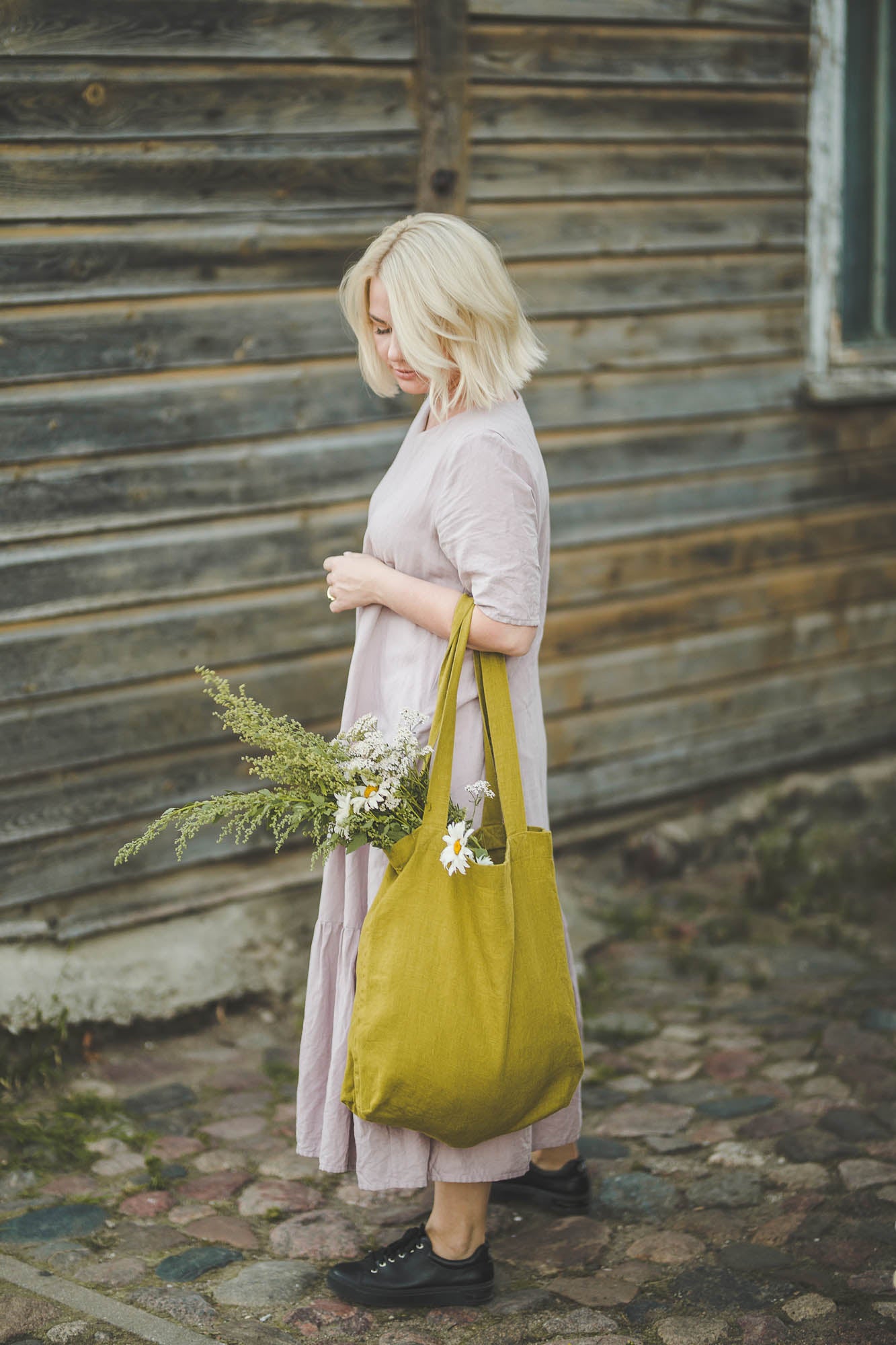 Olive green linen tote bag