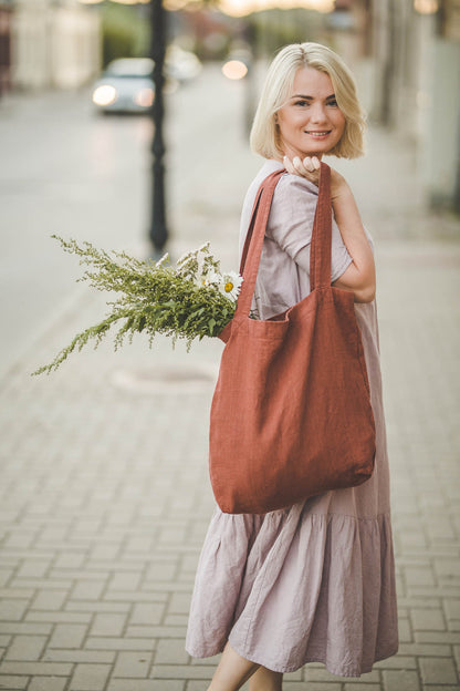 Terracotta linen tote bag