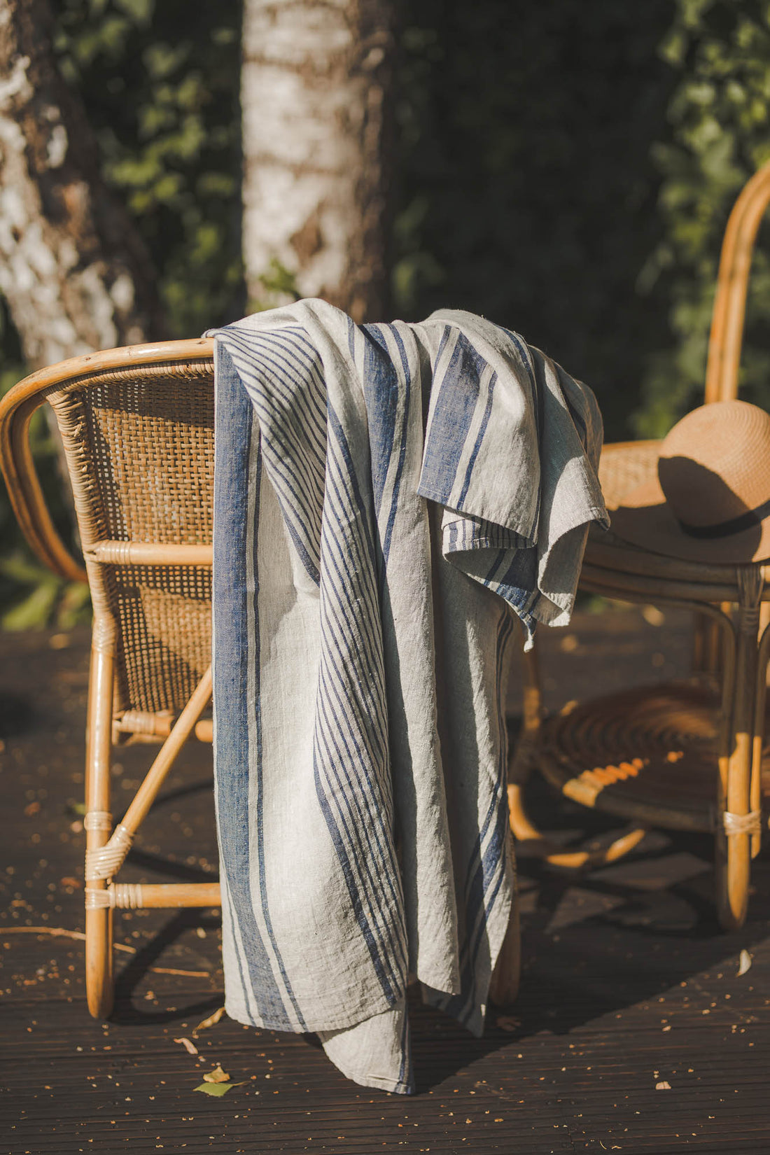 Linen beach towel with blue stripes