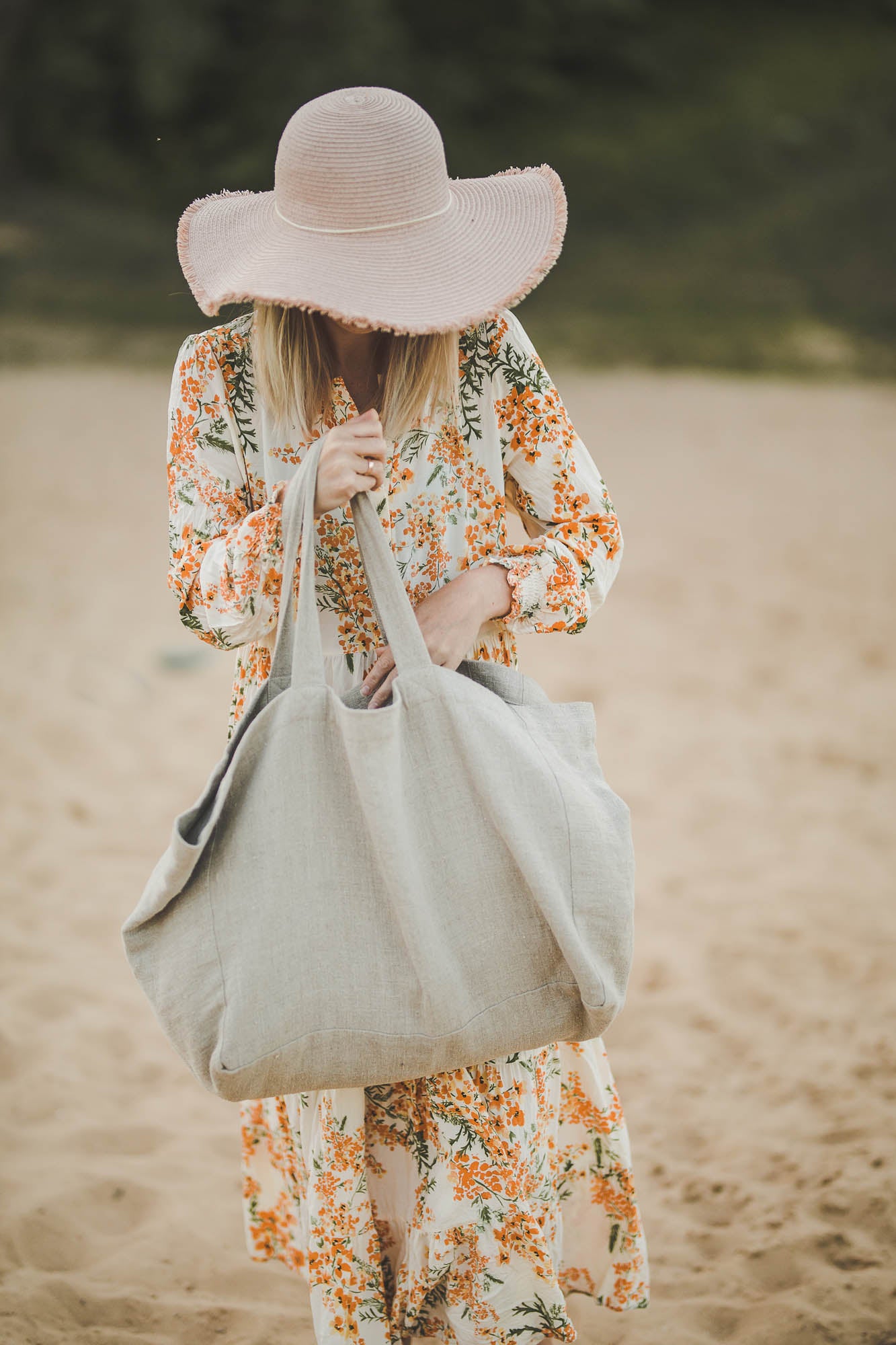 Natural linen beach bag