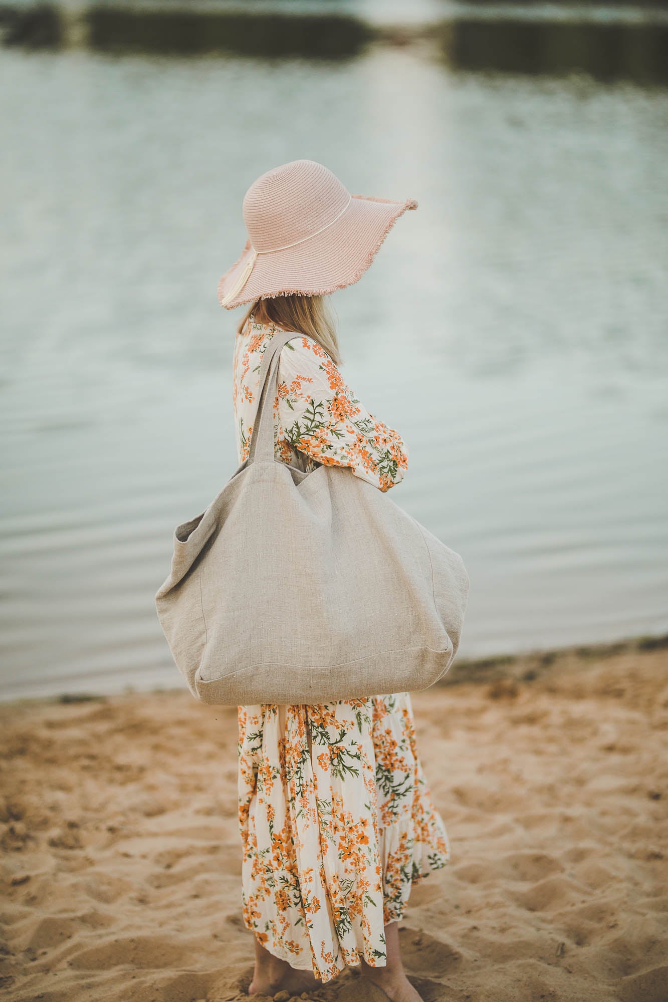 Natural linen beach bag