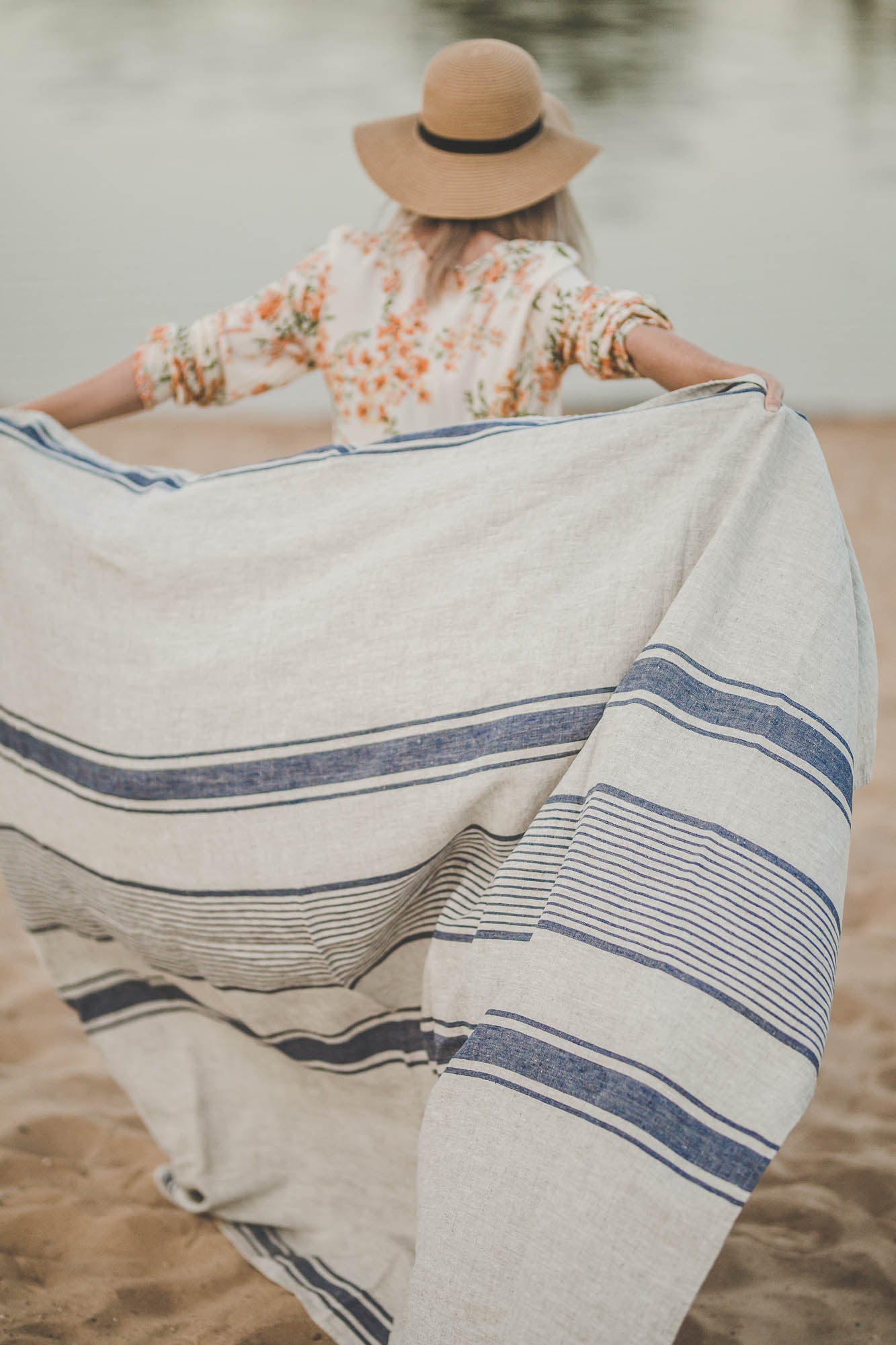 Linen beach towel with blue stripes