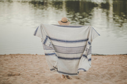 Linen beach towel with blue stripes