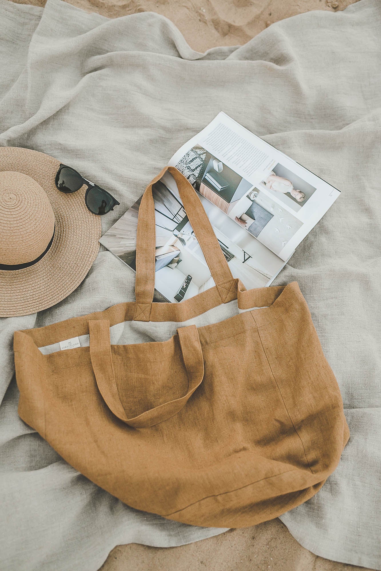 Camel linen beach bag