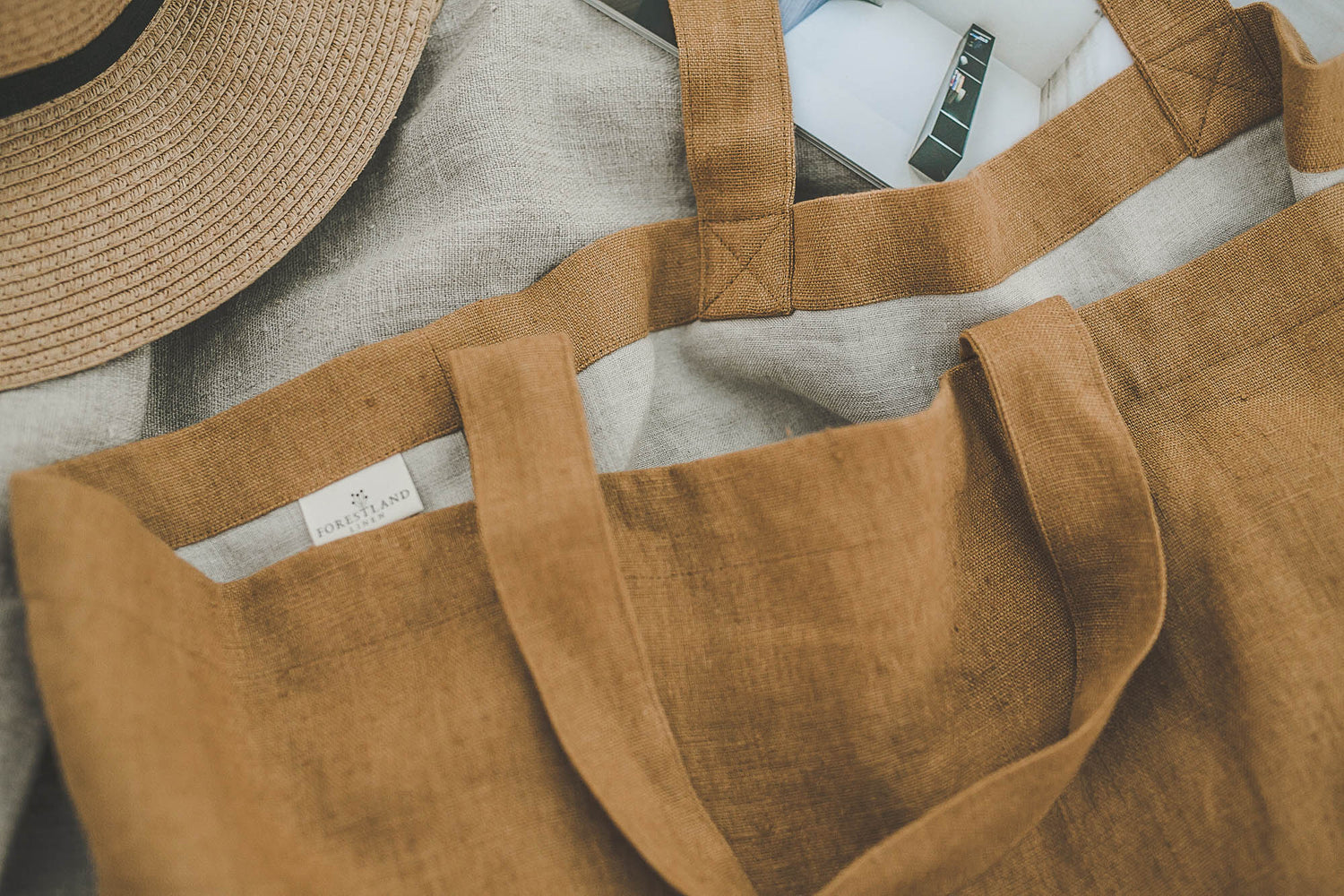 Camel linen beach bag