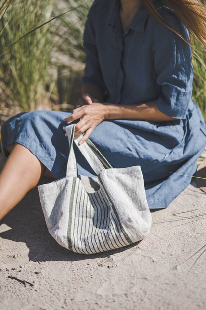 Linen handbag with green stripes