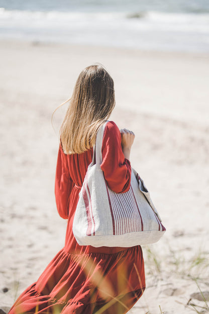 Linen beach bag with cherry red stripes