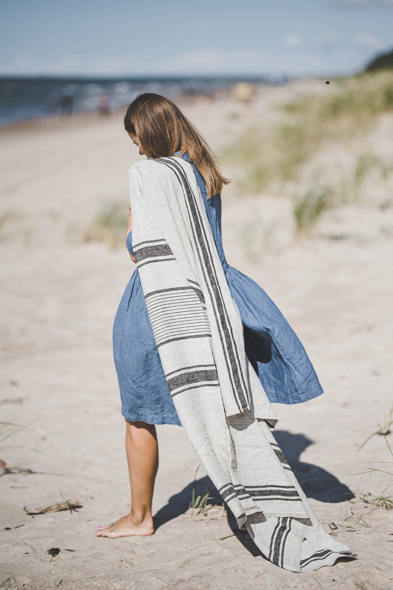 Linen beach towel with black stripes