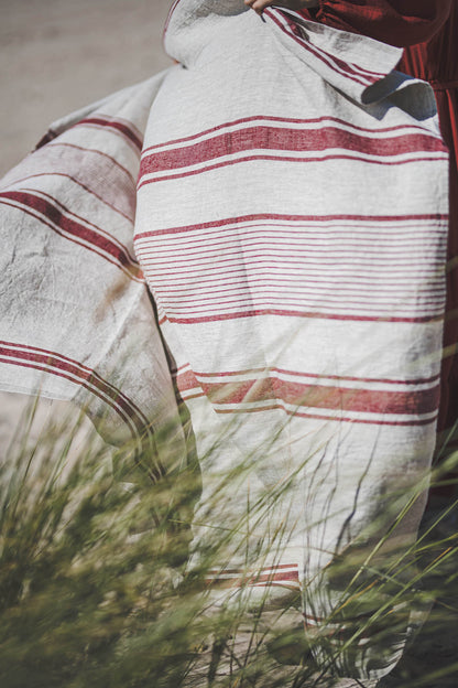 Linen beach towel with cherry red stripes